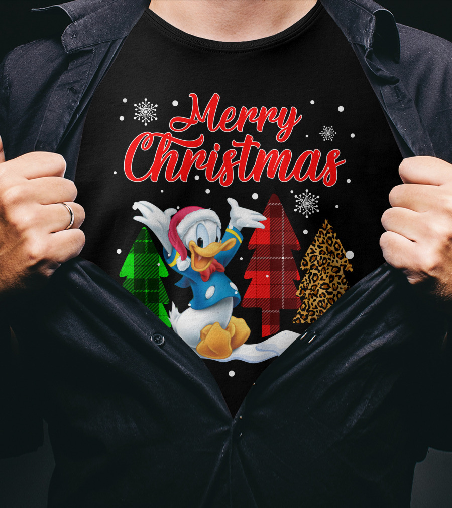 Merry Christmas Donald Duck With Festive Plaid And Leopard Trees T-Shirt