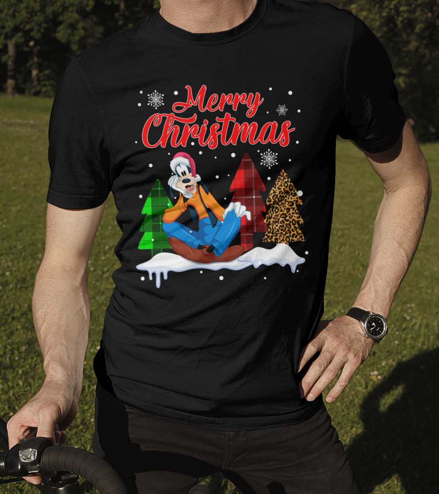 Merry Christmas Goofy With Plaid And Leopard Trees Snowflakes T-Shirt