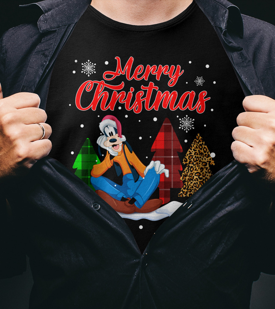 Merry Christmas Goofy With Plaid And Leopard Trees Snowflakes T-Shirt