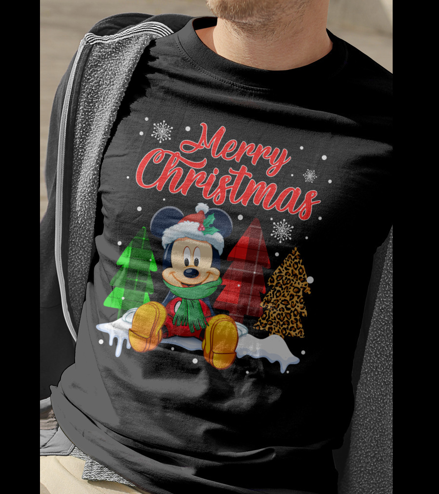 Merry Christmas Mickey Mouse With Plaid And Leopard Trees And Snowflakes T-Shirt