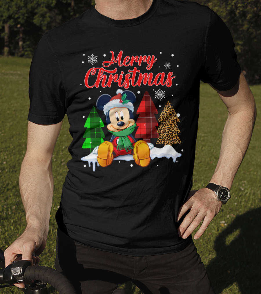 Merry Christmas Mickey Mouse With Plaid And Leopard Trees And Snowflakes T-Shirt