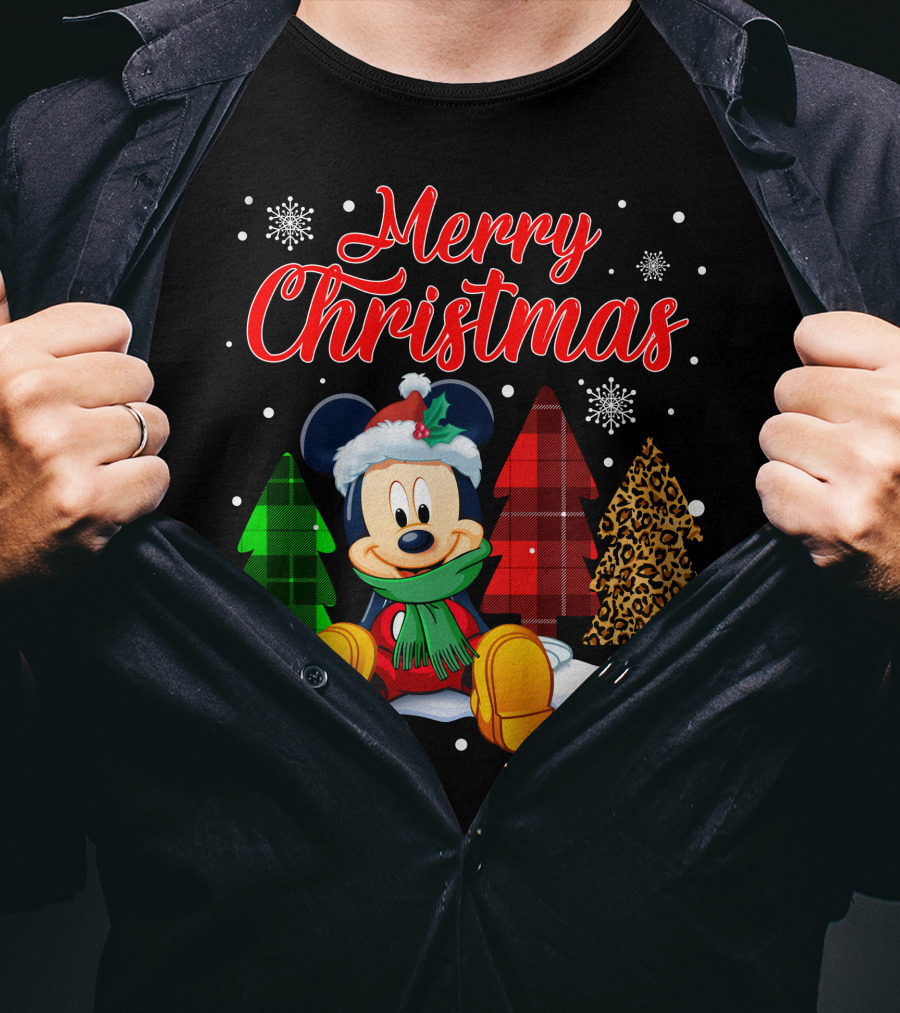 Merry Christmas Mickey Mouse With Plaid And Leopard Trees And Snowflakes T-Shirt
