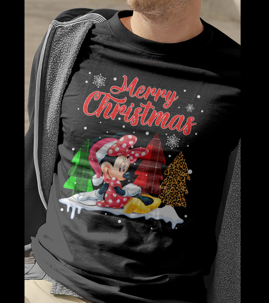 Minnie Merry Christmas Snowflakes Plaid Trees T-Shirt