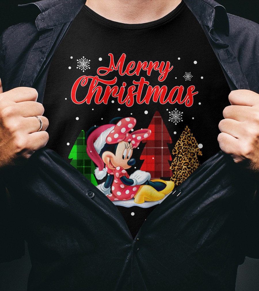 Minnie Merry Christmas Snowflakes Plaid Trees T-Shirt