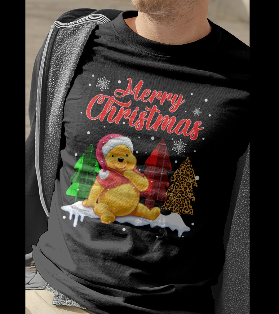 Merry Christmas Pooh Snowflakes Plaid Trees Santa Hat T-Shirt