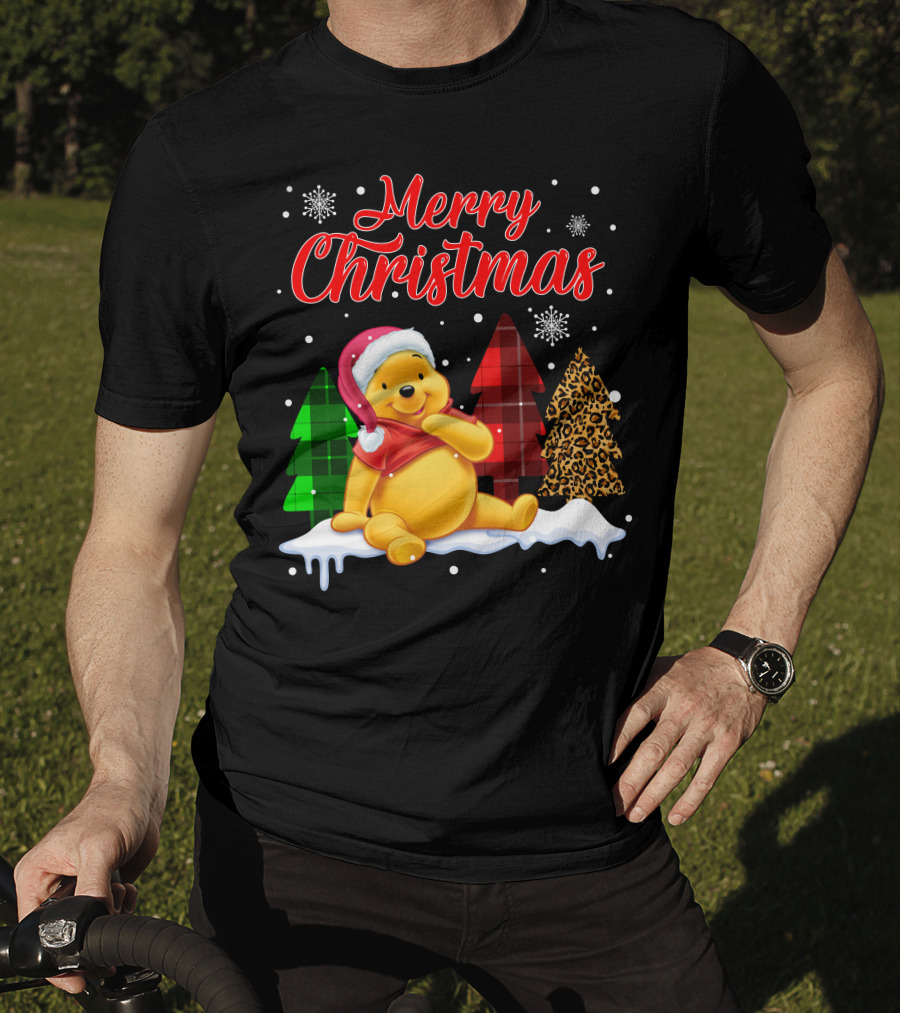 Merry Christmas Pooh Snowflakes Plaid Trees Santa Hat T-Shirt