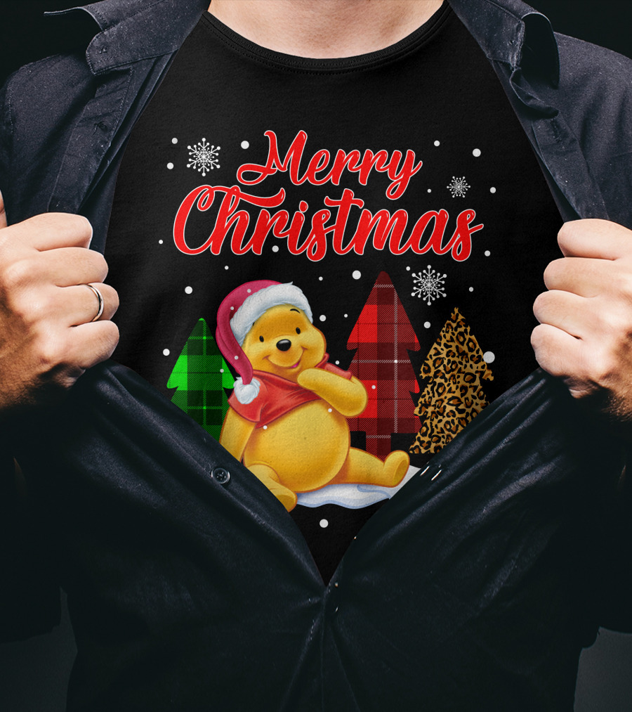 Merry Christmas Pooh Snowflakes Plaid Trees Santa Hat T-Shirt