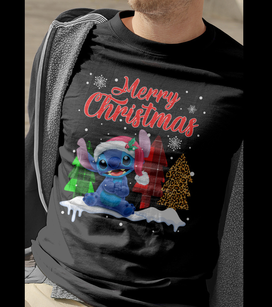 Merry Christmas Stitch Santa Hat Snow Plaid Trees T-Shirt