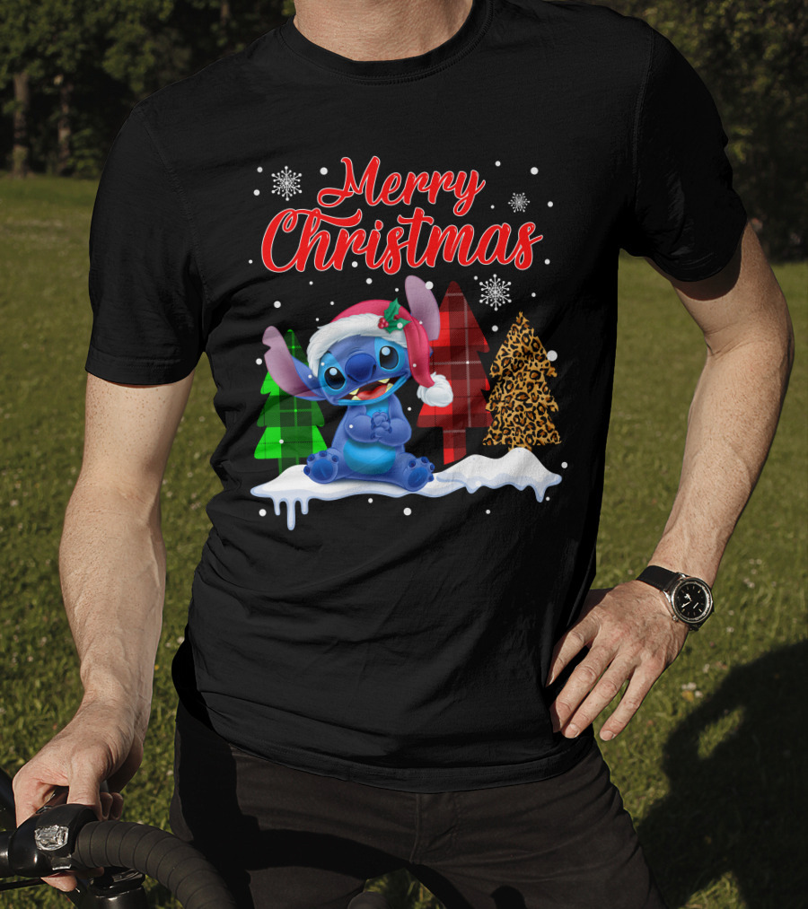 Merry Christmas Stitch Santa Hat Snow Plaid Trees T-Shirt