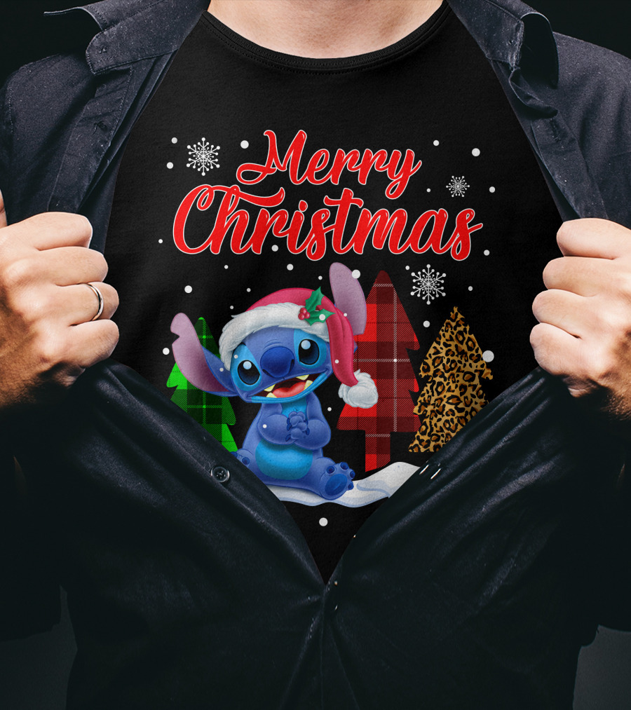 Merry Christmas Stitch Santa Hat Snow Plaid Trees T-Shirt