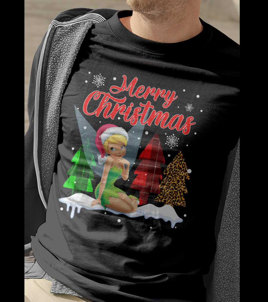 Merry Christmas Tinkerbell Santa Hat Plaid And Leopard Trees Snowflakes T-Shirt