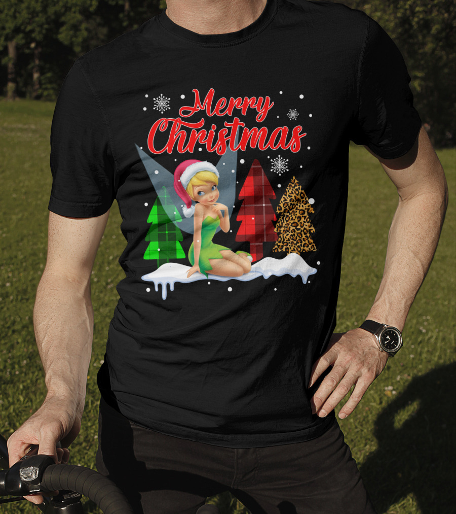 Merry Christmas Tinkerbell Santa Hat Plaid And Leopard Trees Snowflakes T-Shirt