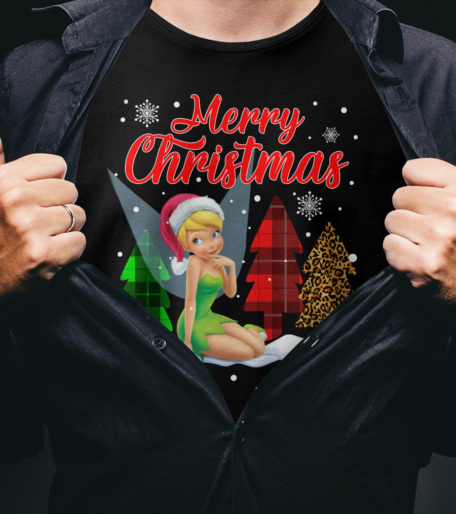 Merry Christmas Tinkerbell Santa Hat Plaid And Leopard Trees Snowflakes T-Shirt