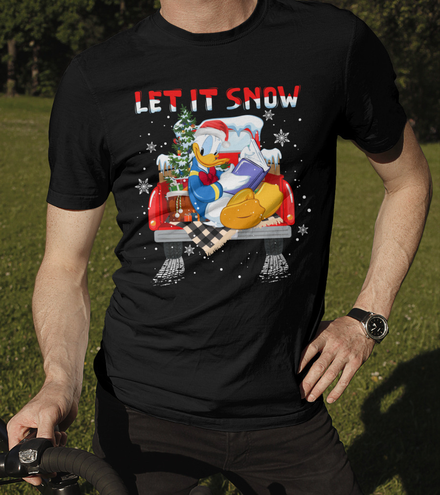 Let It Snow Donald Santa Hat Reading Winter Snowflakes Christmas Tree Red Truck T-Shirt