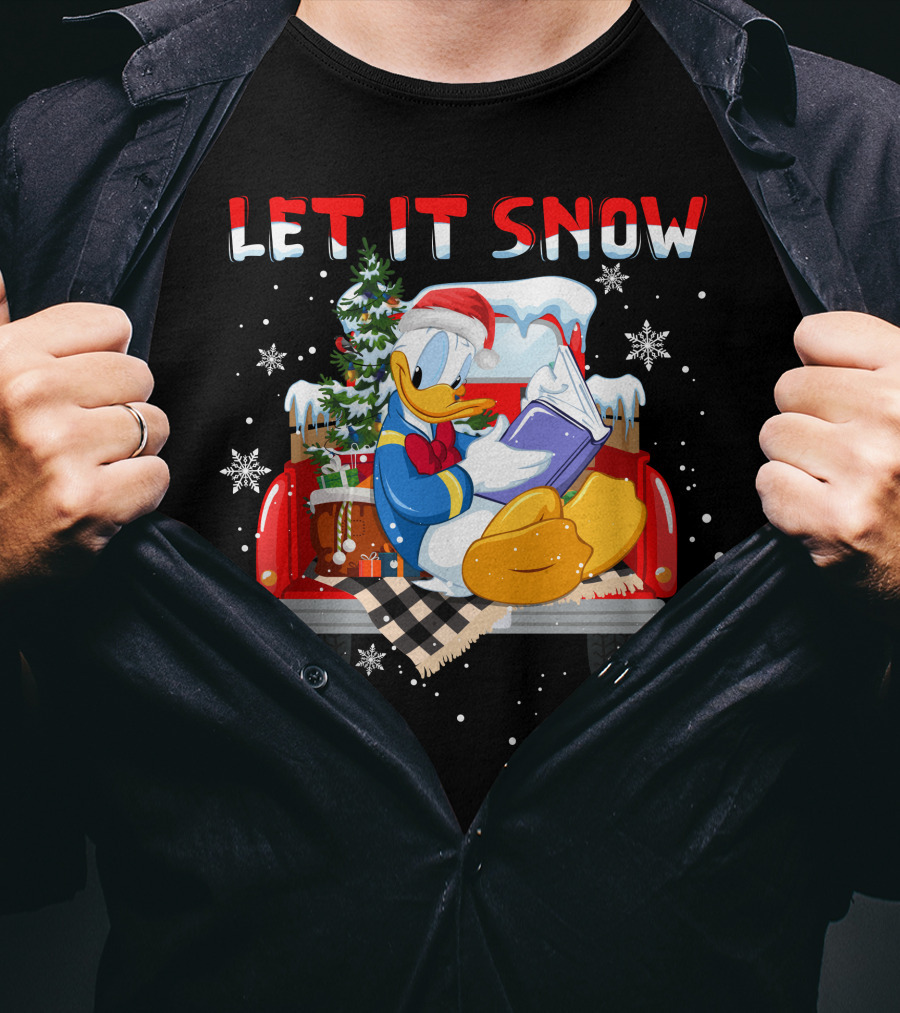 Let It Snow Donald Santa Hat Reading Winter Snowflakes Christmas Tree Red Truck T-Shirt