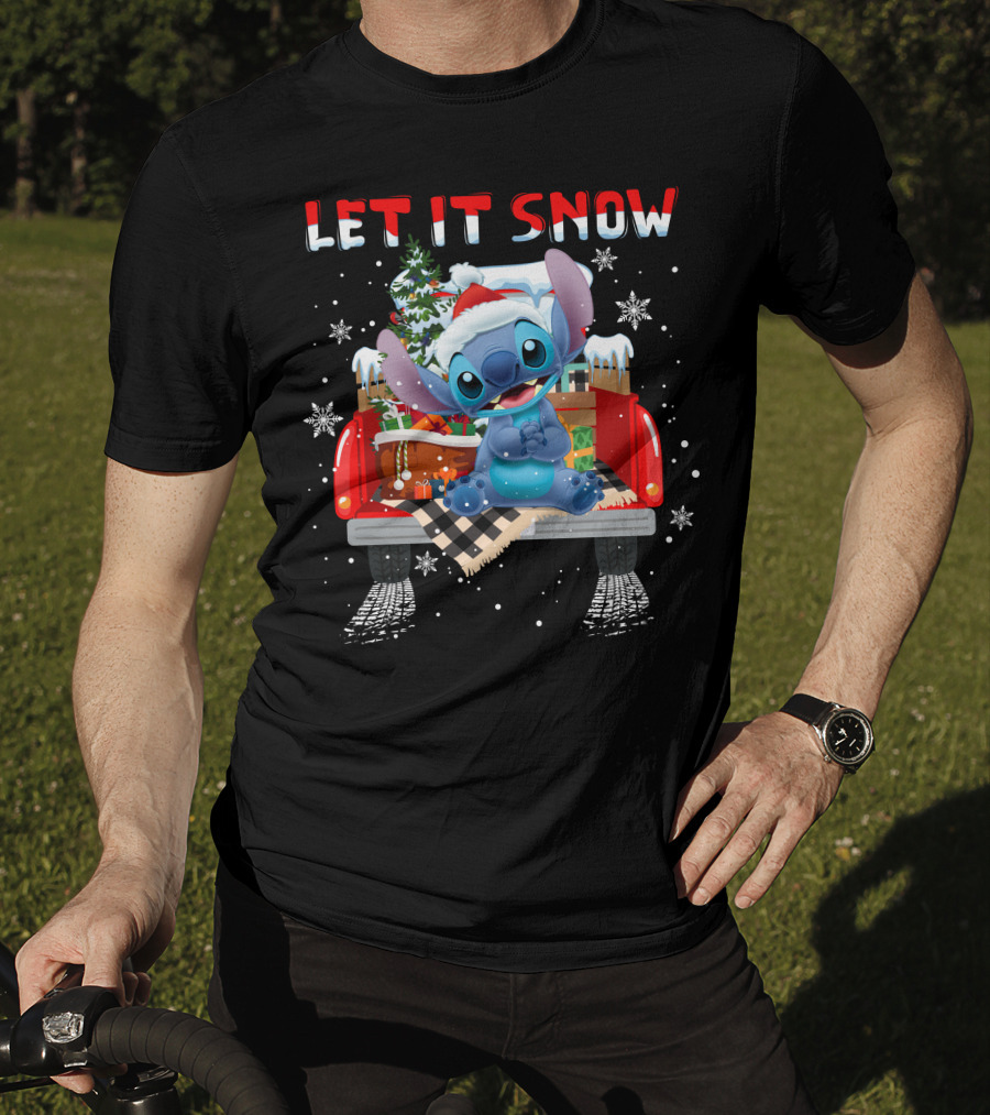 Let It Snow Stitch Christmas Santa Truck Snowflakes T-Shirt