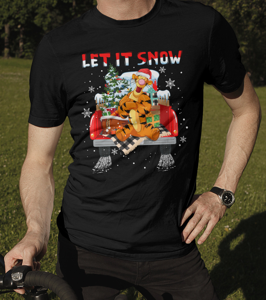 Tigger Let It Snow Christmas Tree And Presents In Snowy Red Truck T-Shirt