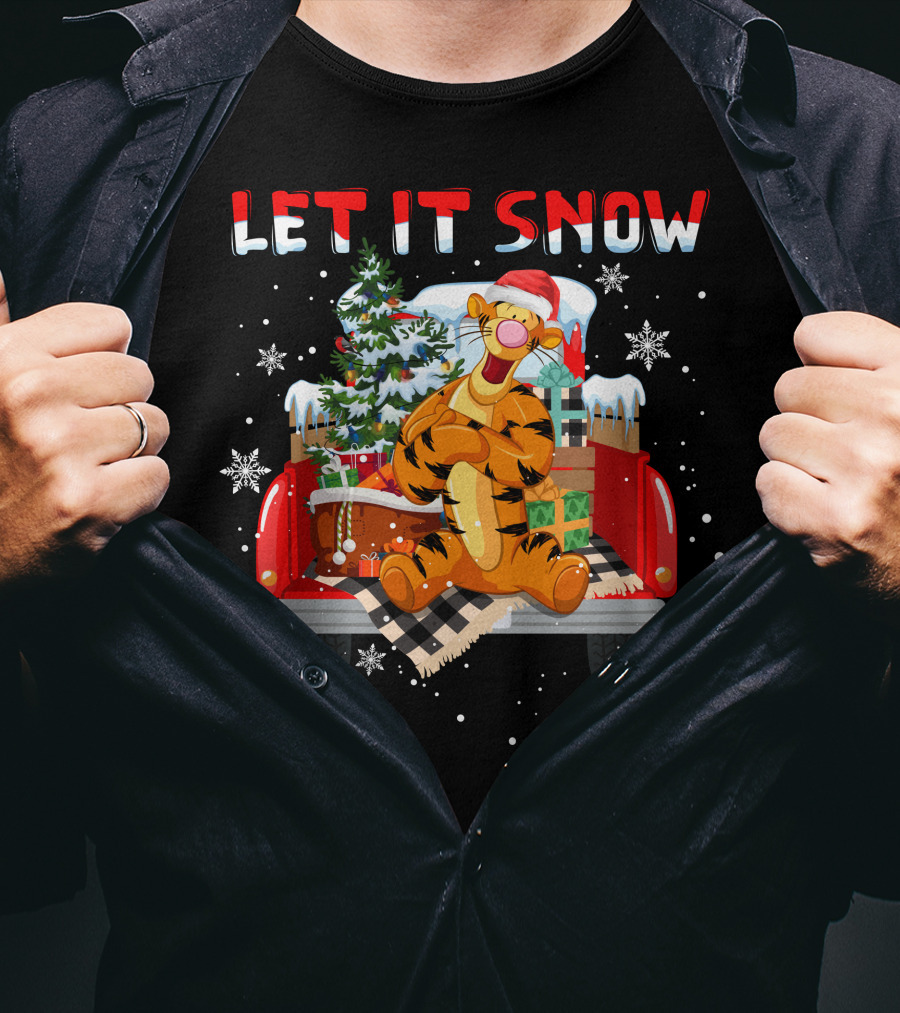 Tigger Let It Snow Christmas Tree And Presents In Snowy Red Truck T-Shirt