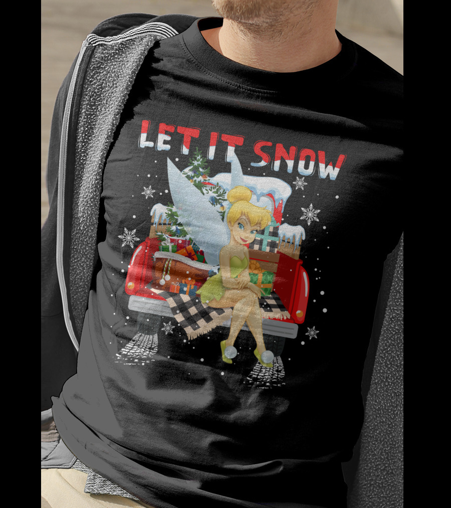 Let It Snow Tinkerbell Sitting On Truck With Gifts And Snowflakes T-Shirt