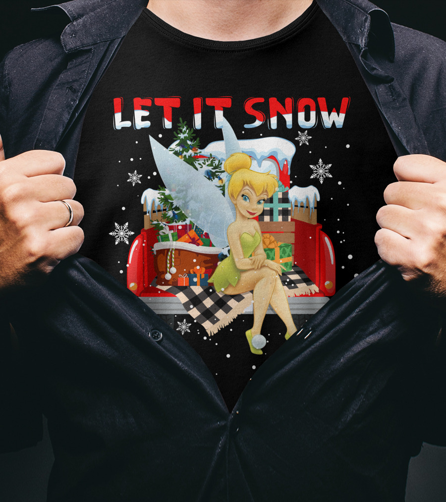 Let It Snow Tinkerbell Sitting On Truck With Gifts And Snowflakes T-Shirt