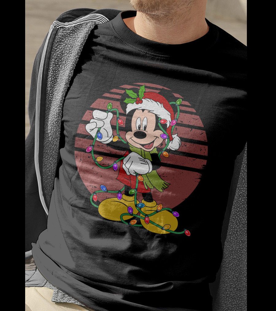 Mickey Mouse Christmas Lights Santa Hat Holiday T-Shirt