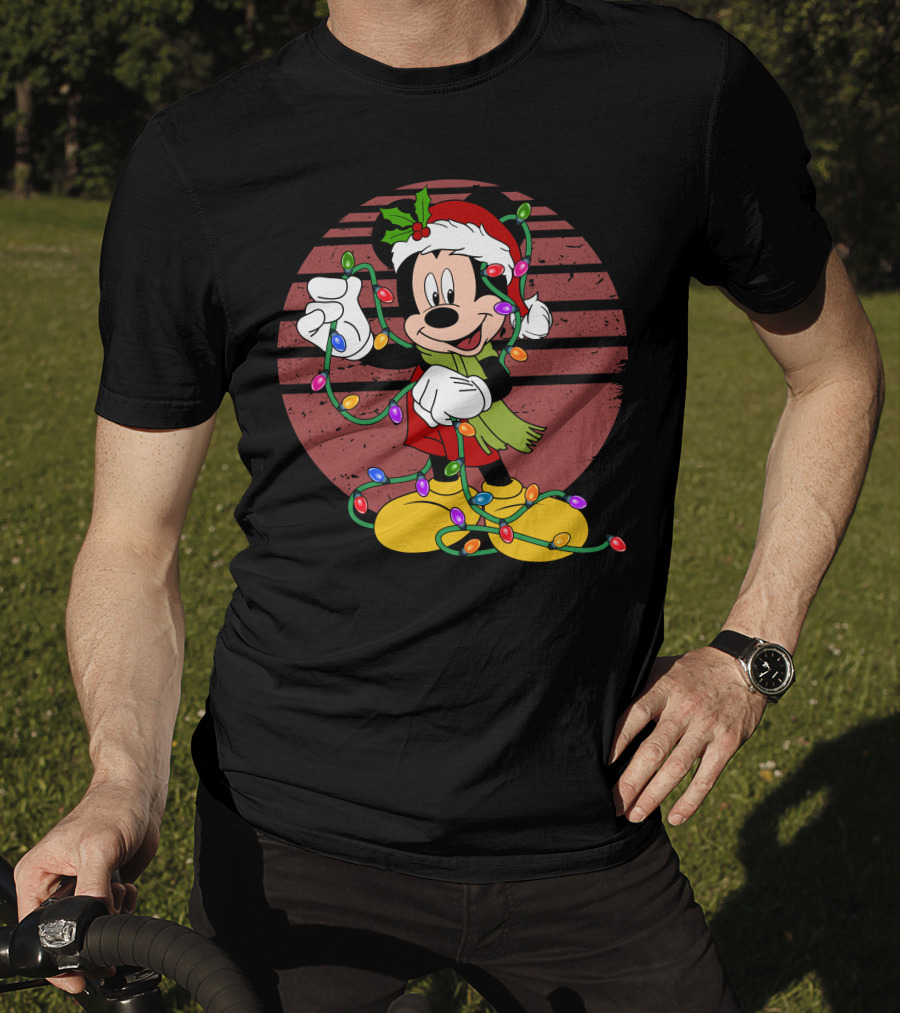 Mickey Mouse Christmas Lights Santa Hat Holiday T-Shirt