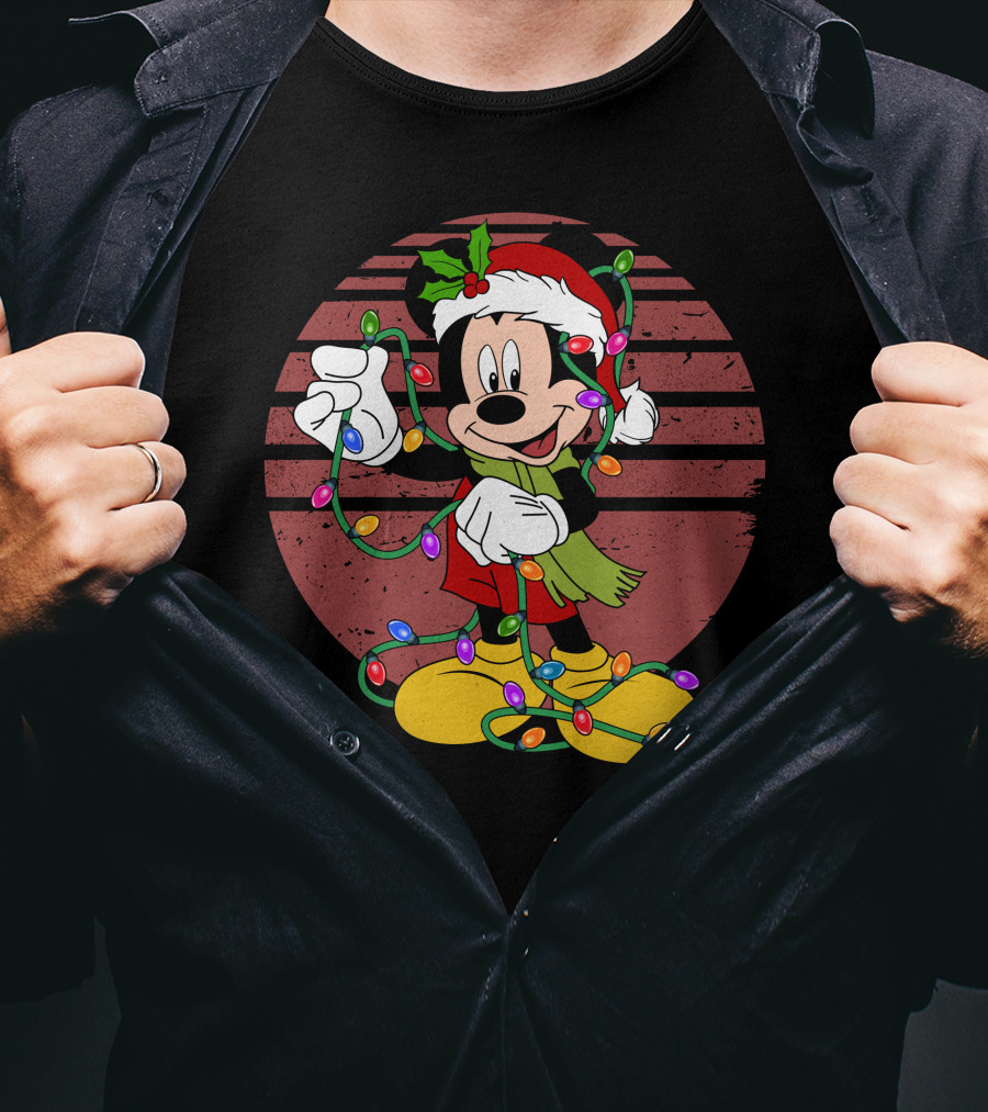 Mickey Mouse Christmas Lights Santa Hat Holiday T-Shirt