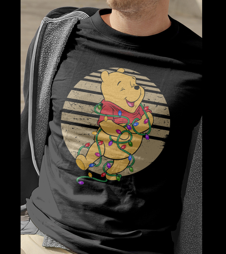Pooh Wrapped In Christmas Lights And Stripes T-Shirt