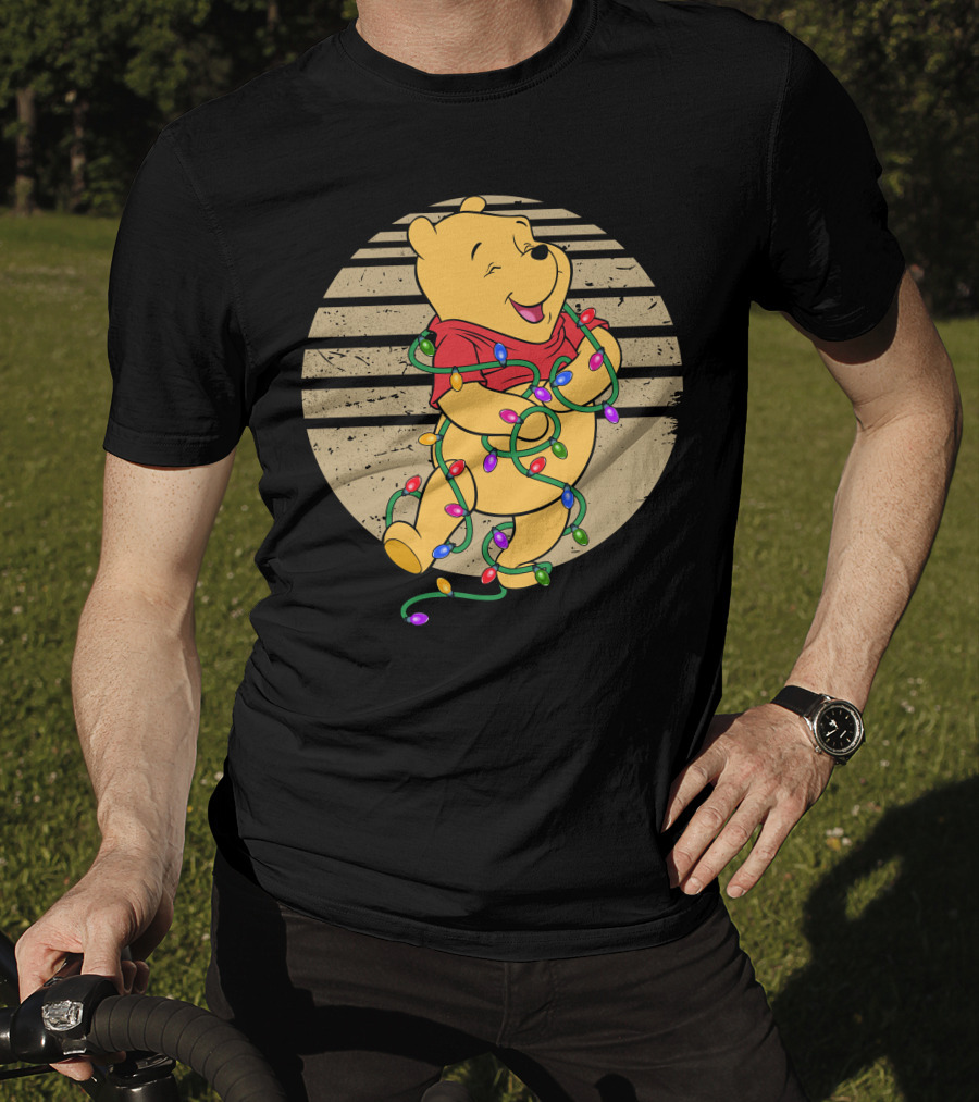 Pooh Wrapped In Christmas Lights And Stripes T-Shirt
