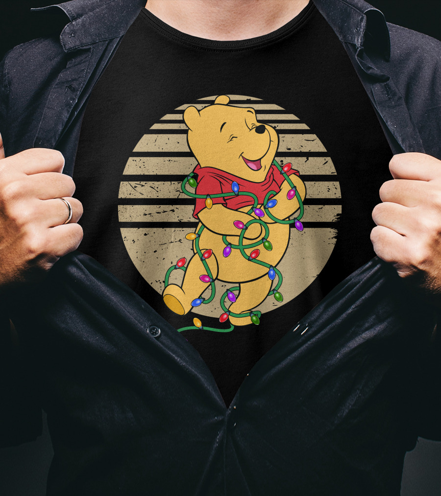 Pooh Wrapped In Christmas Lights And Stripes T-Shirt