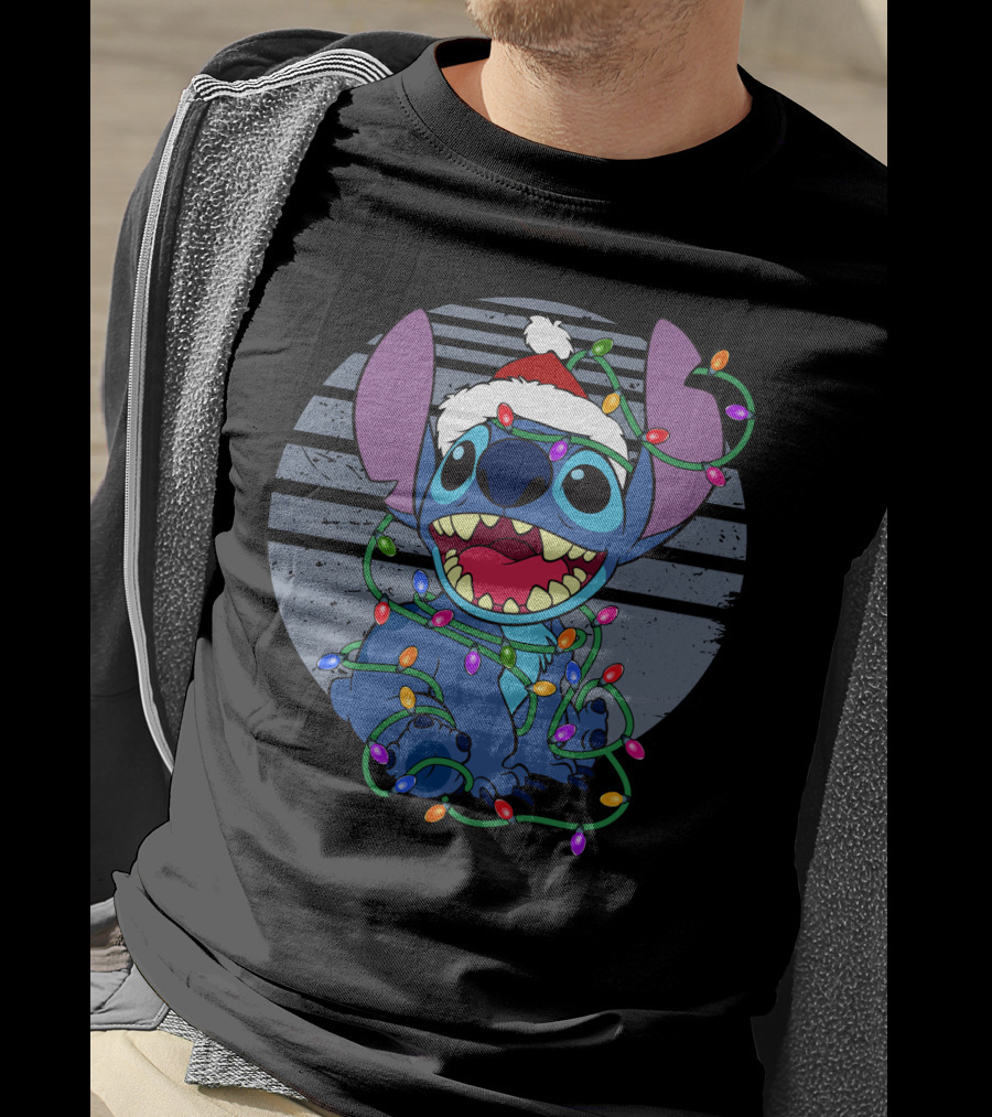 Stitch Christmas Lights Holiday Santa Hat T-Shirt