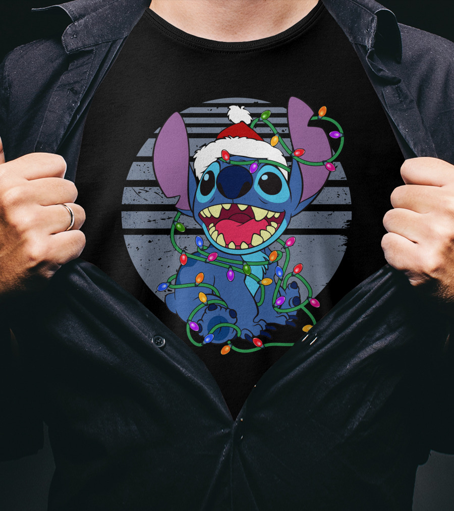 Stitch Christmas Lights Holiday Santa Hat T-Shirt