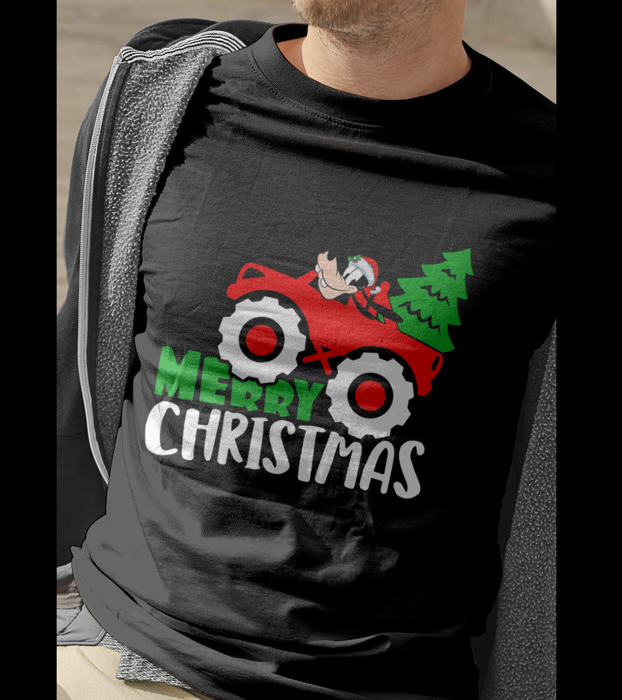Merry Christmas Goofy In Santa Hat On Red Tractor With Christmas Tree T-Shirt