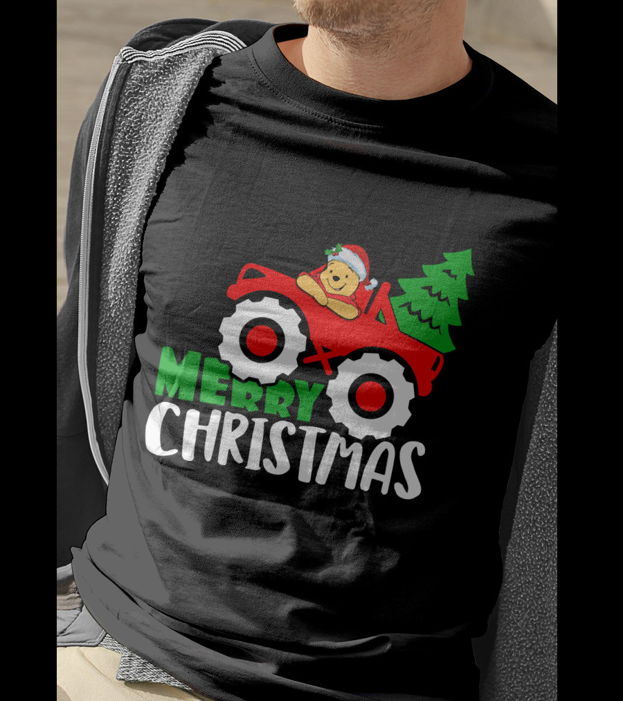 Merry Christmas Pooh Tractor Santa Hat Tree T-Shirt