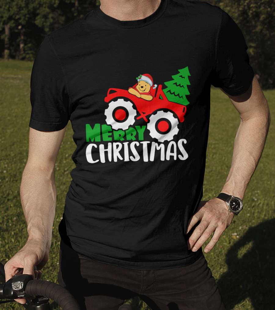 Merry Christmas Pooh Tractor Santa Hat Tree T-Shirt