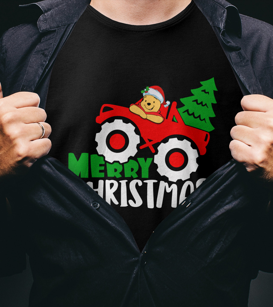 Merry Christmas Pooh Tractor Santa Hat Tree T-Shirt