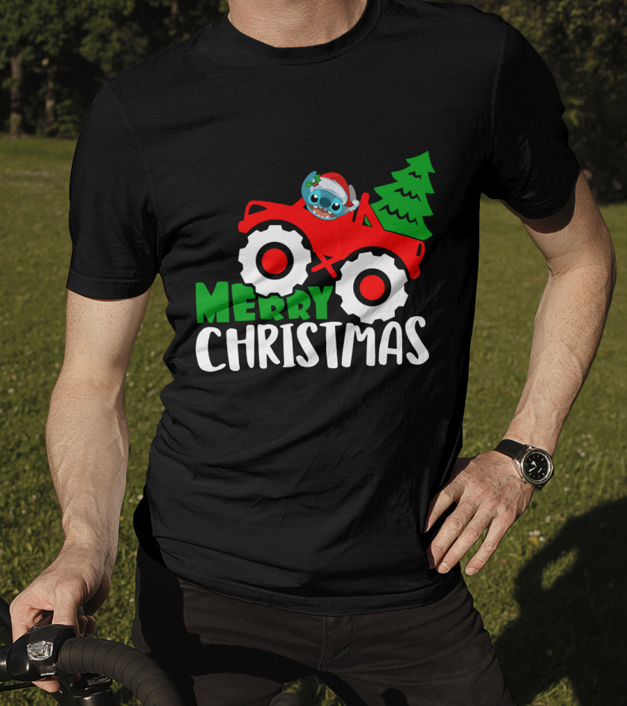 Merry Christmas Stitch Riding Red Truck With Tree T-Shirt