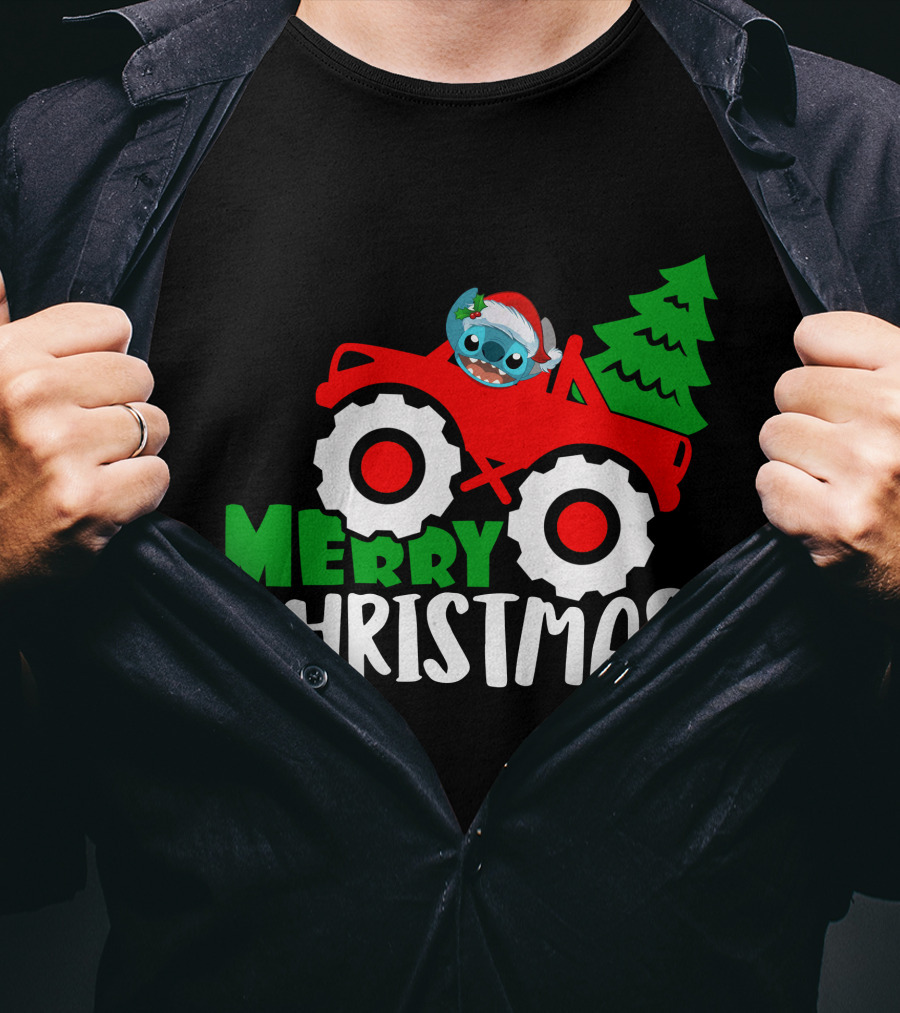 Merry Christmas Stitch Riding Red Truck With Tree T-Shirt