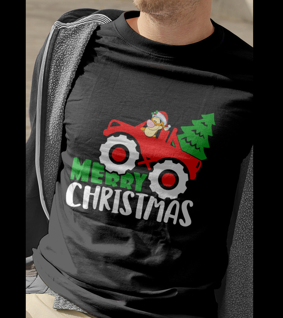 Merry Christmas Tigger Santa Hat Tractor Tree T-Shirt