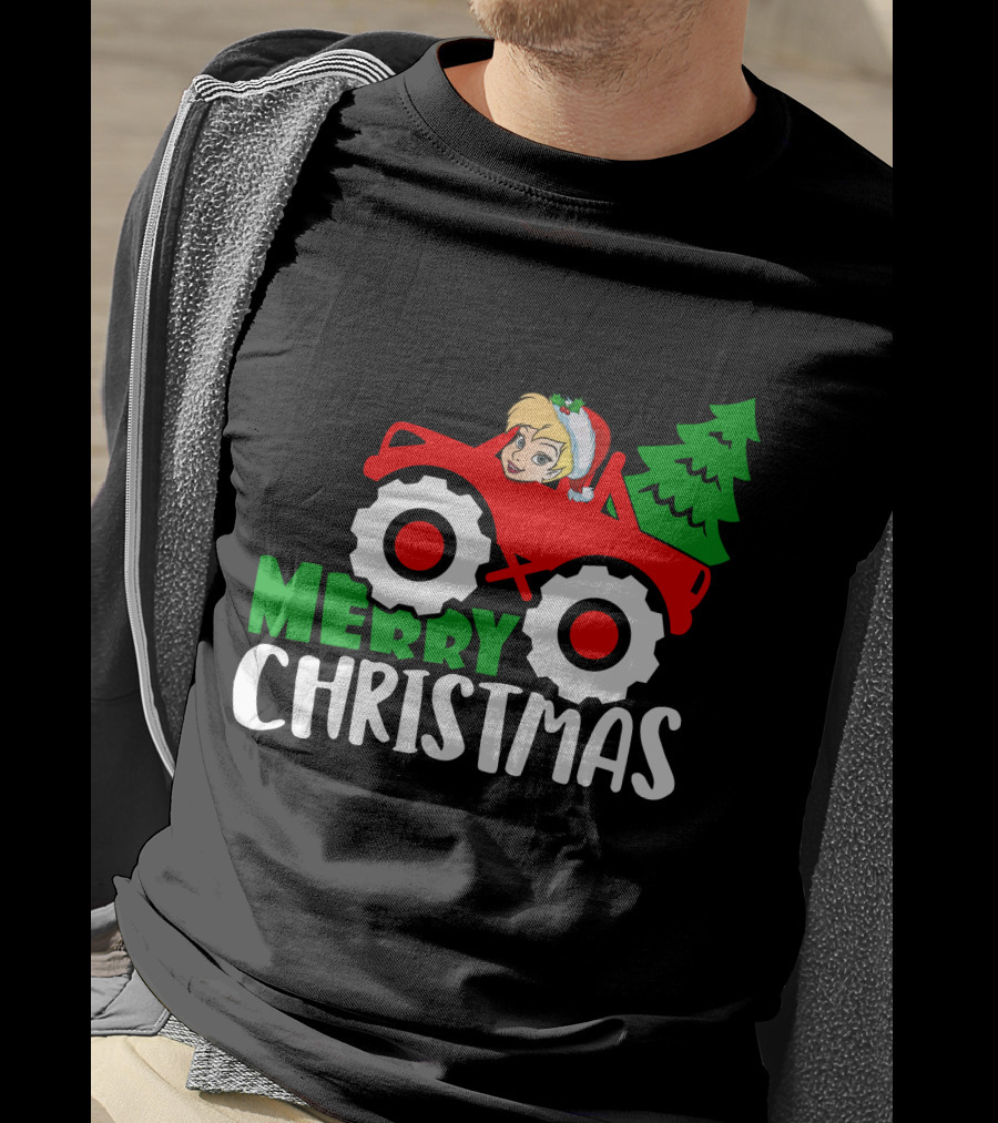 Merry Christmas Tinkerbell In Santa Hat Riding Tractor With Christmas Tree T-Shirt