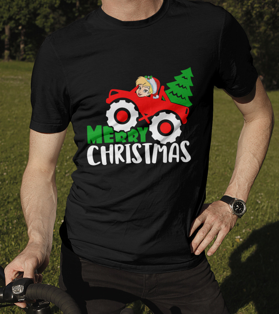 Merry Christmas Tinkerbell In Santa Hat Riding Tractor With Christmas Tree T-Shirt