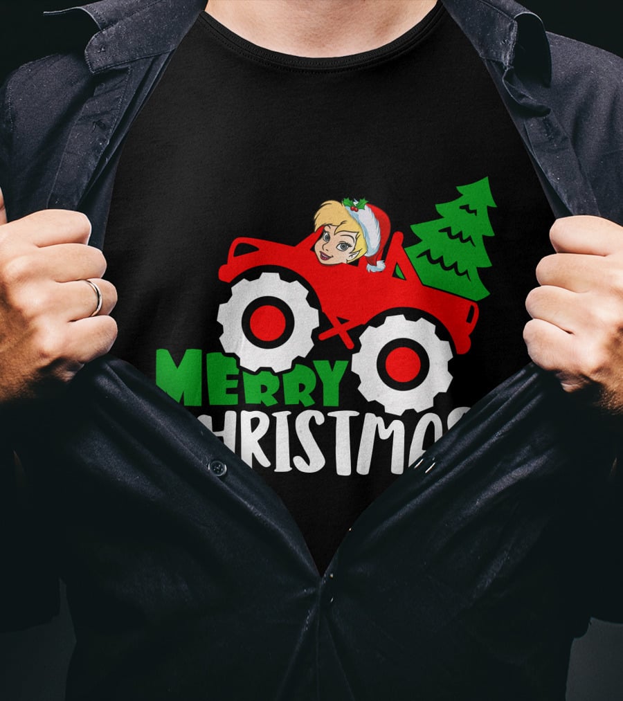 Merry Christmas Tinkerbell In Santa Hat Riding Tractor With Christmas Tree T-Shirt