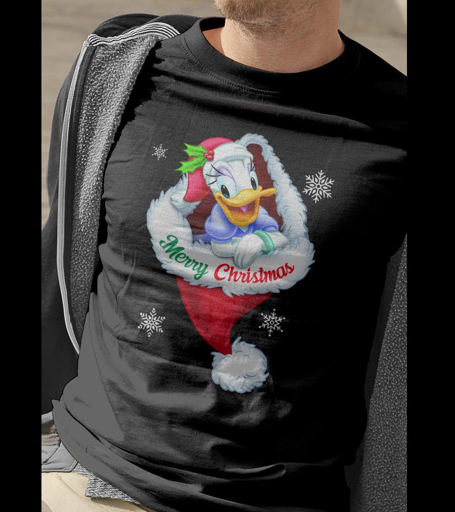 Merry Christmas Daisy Duck Santa Hat Snowflakes T-Shirt