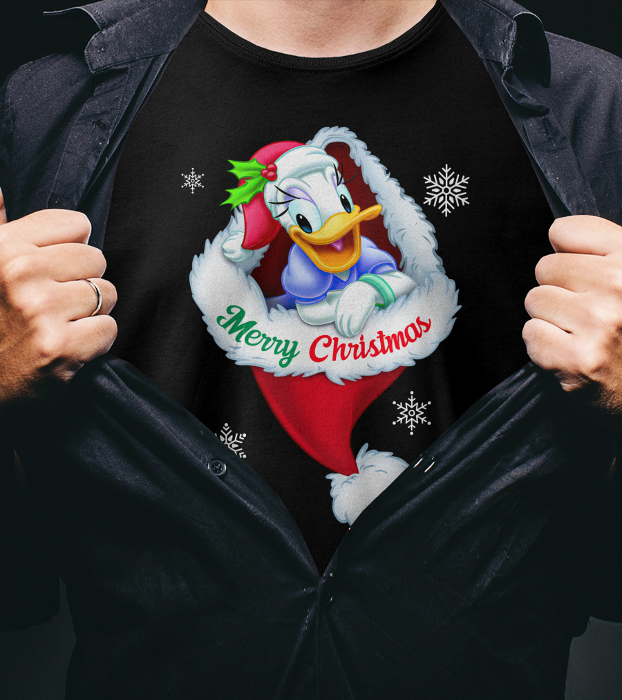 Merry Christmas Daisy Duck Santa Hat Snowflakes T-Shirt