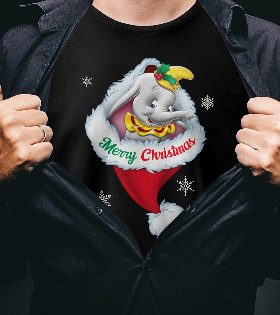 Dumbo Merry Christmas Santa Hat Snowflakes T-Shirt
