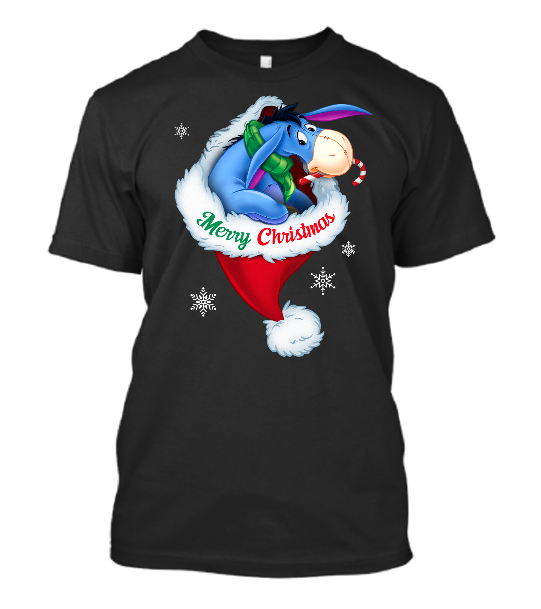 Eeyore Merry Christmas Santa Hat Snowflakes T-Shirt