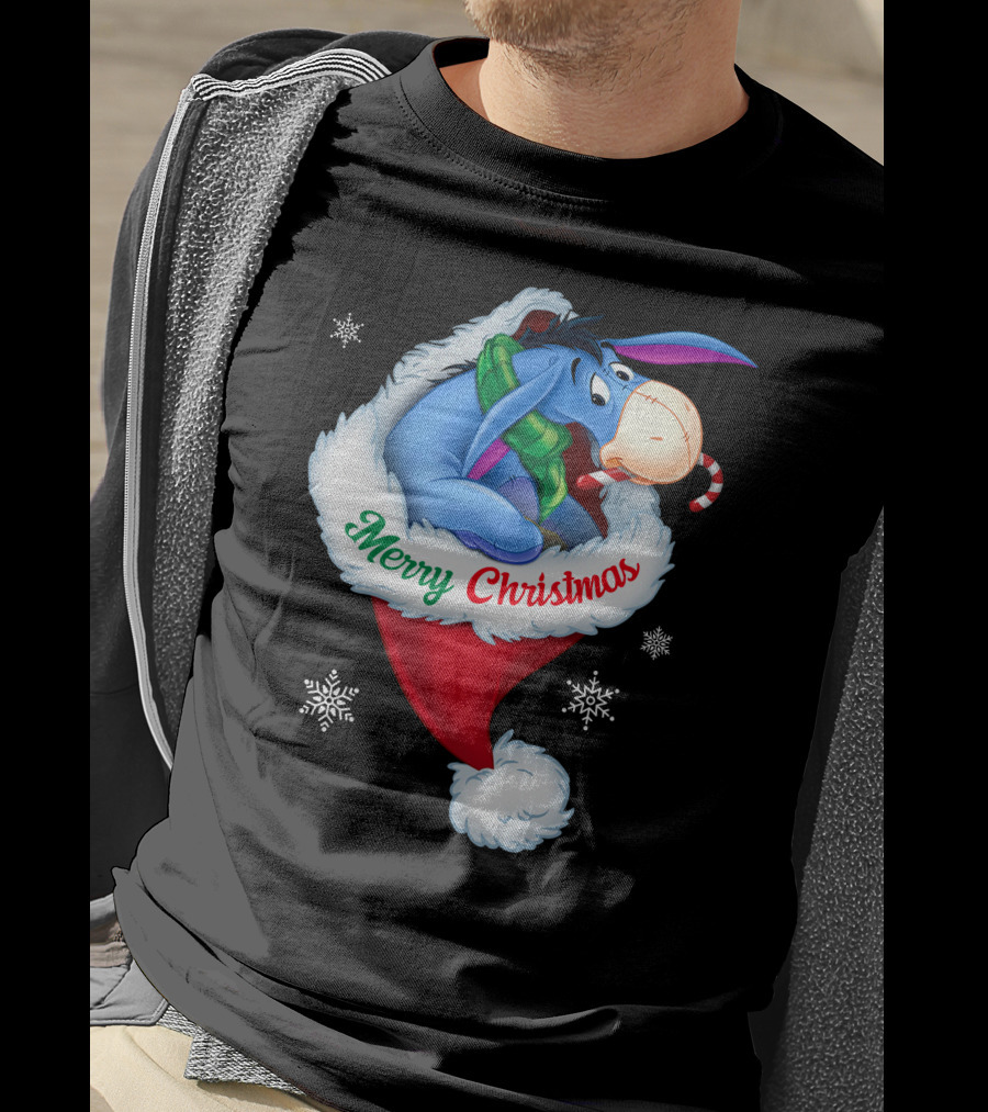 Eeyore Merry Christmas Santa Hat Snowflakes T-Shirt