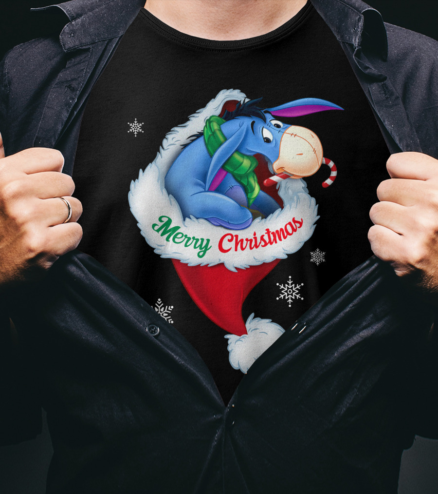 Eeyore Merry Christmas Santa Hat Snowflakes T-Shirt
