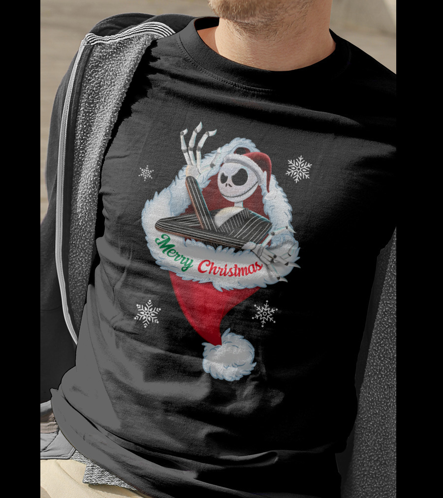 Jack Skellington Merry Christmas Santa Hat Snowflakes T-Shirt