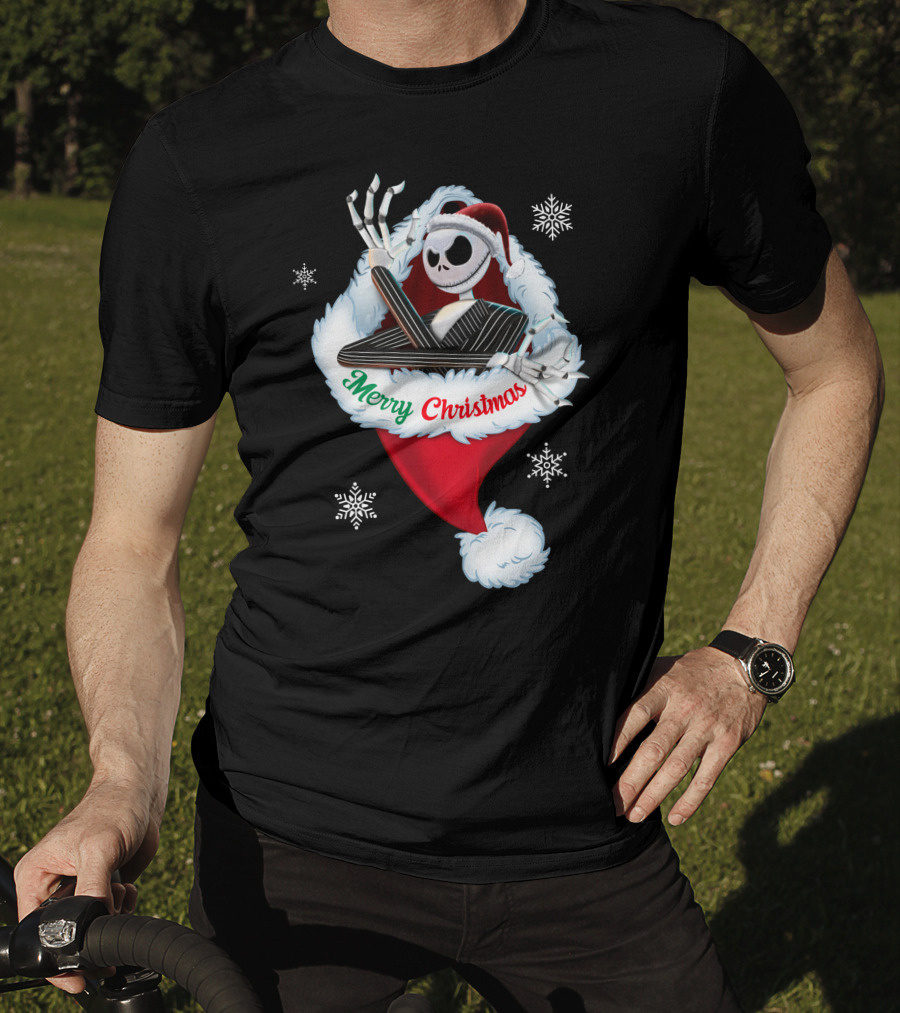 Jack Skellington Merry Christmas Santa Hat Snowflakes T-Shirt